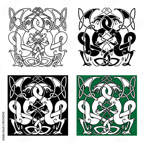 Dragons entwined in traditional celtic knot ornaments