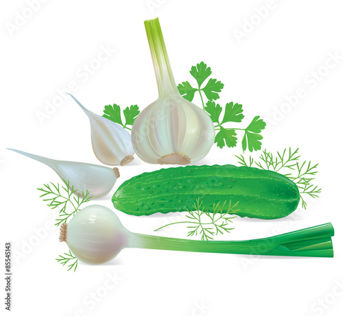 Cucumber, garlic, onion