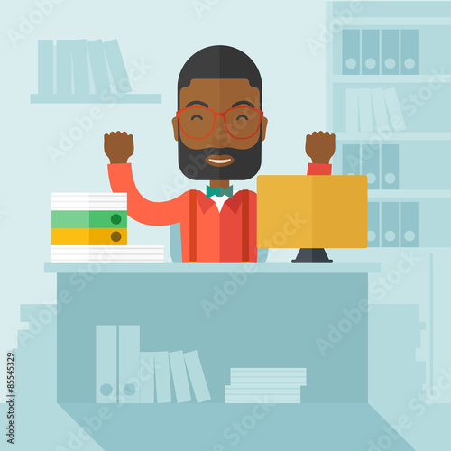 Very happy black businessman raising his both hands.