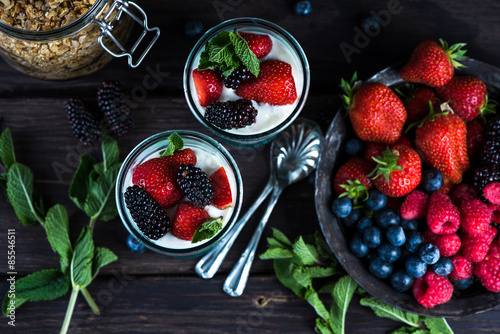 fresh parfait with berries, overhead