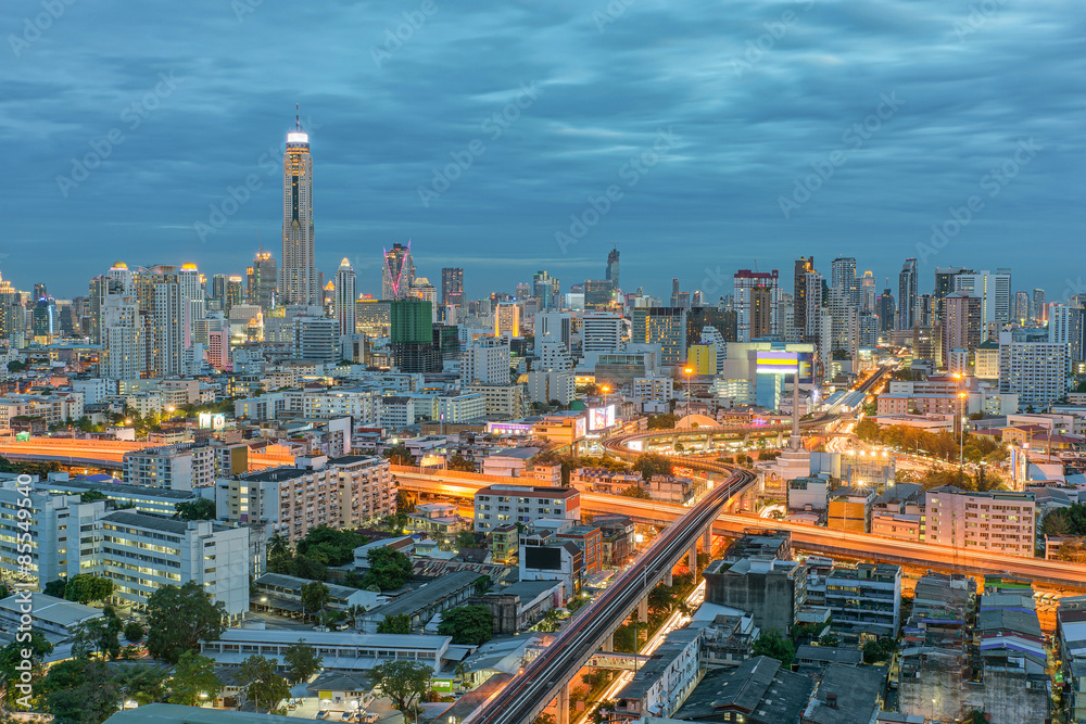 Bangkok city in night view with nice sky, Thailand