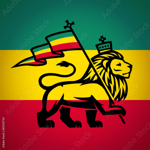 Judah lion with a rastafari flag. King of Zion logo illustration photo