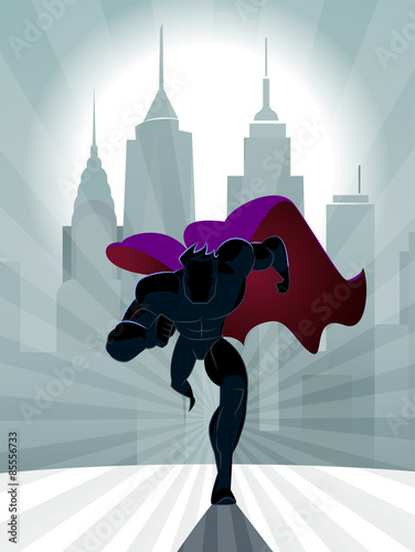 Superhero running in front of a urban background.