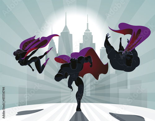 Superhero Team; Team of superheroes, flying and running in front