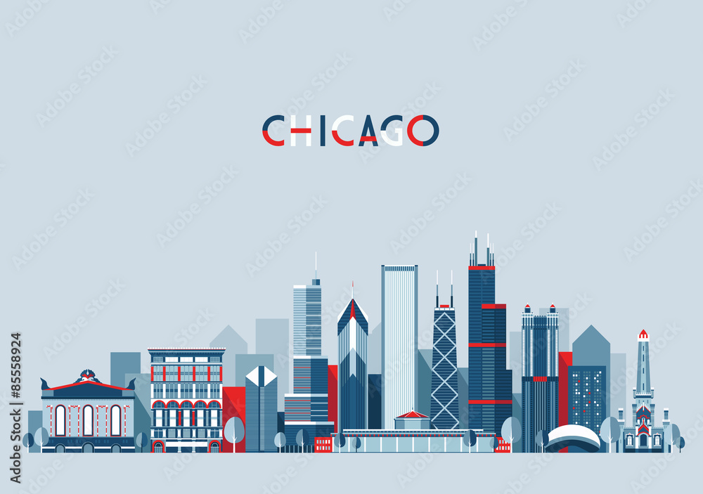 Naklejka premium Tło wektor panoramę miasta Chicago Stany Zjednoczone Płaska modna ilustracja