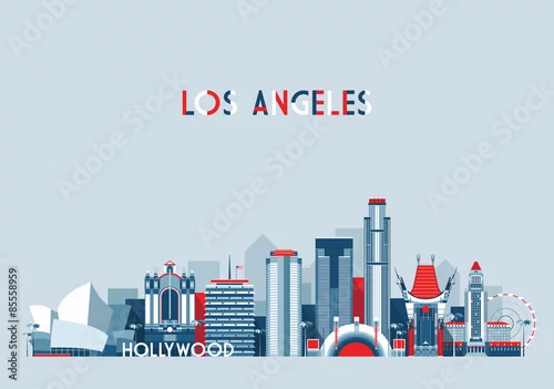 Obraz Los Angeles Stany Zjednoczone miasta linia horyzontu wektorowy tło Płaska modna ilustracja