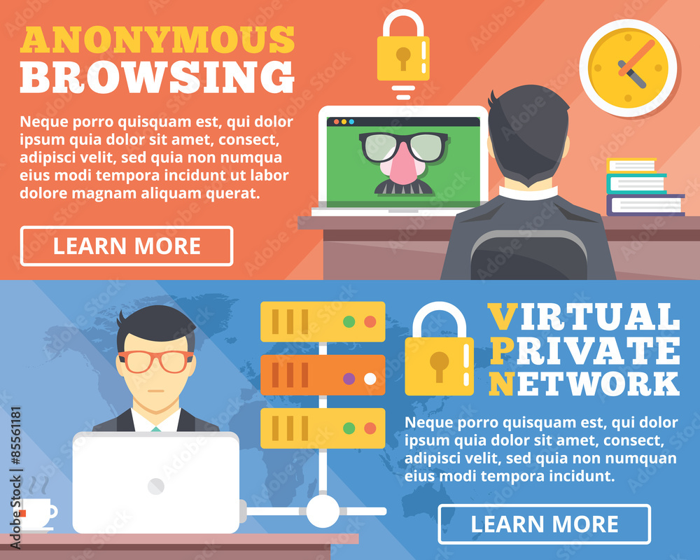 Fototapeta premium Anonymous browsing, virtual private network, vpn flat illustration concepts set
