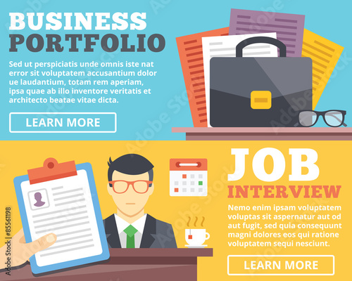Business portfolio, job interview flat illustration concepts set