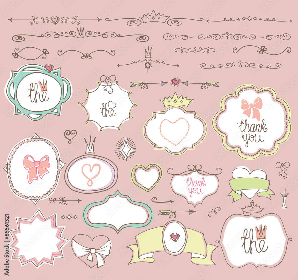Doodle labels, badges,frame,border,decor element.Love set Doodle labels, badges,frame,border,decor element.Love set
