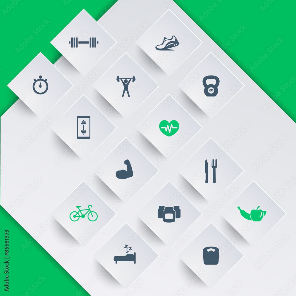 14 fitness, gym icons on square shapes, vector illustration, eps10 14 fitness, gym icons on square shapes, vector illustration, eps10