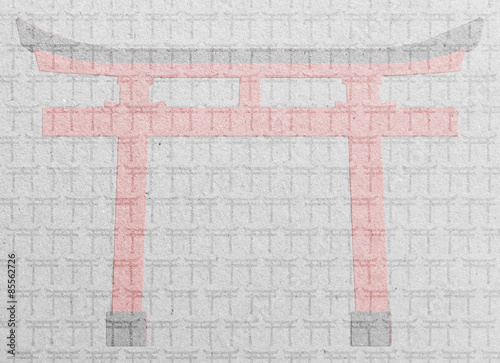 Paper texture with Japanese Torii gates and flag