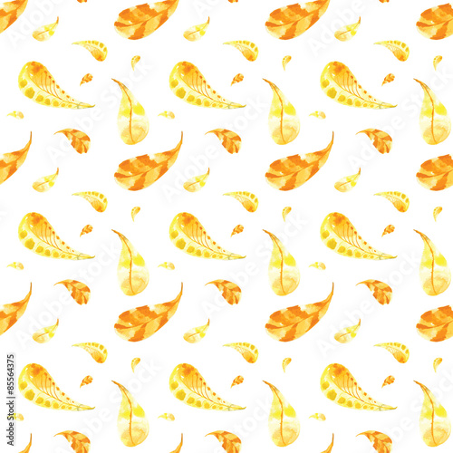 Seamless pattern of hand-painted watercolor yellow feathers on a