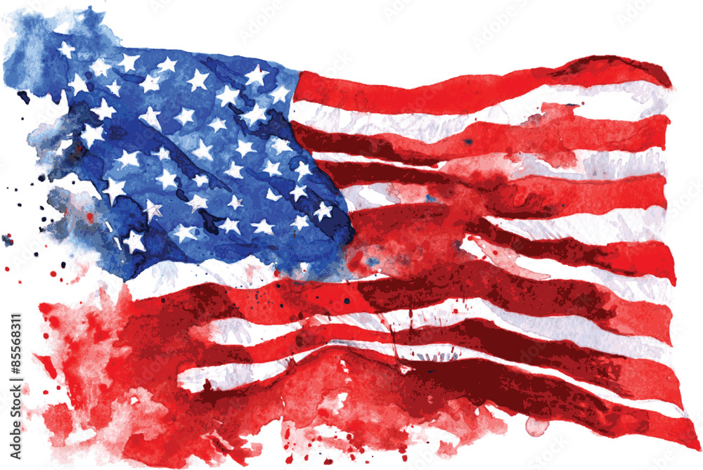 Naklejka premium Flag of America, hand-drawn watercolor on white background