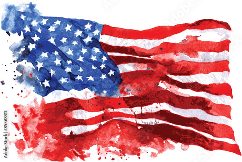 Flag of America, hand-drawn watercolor on white background