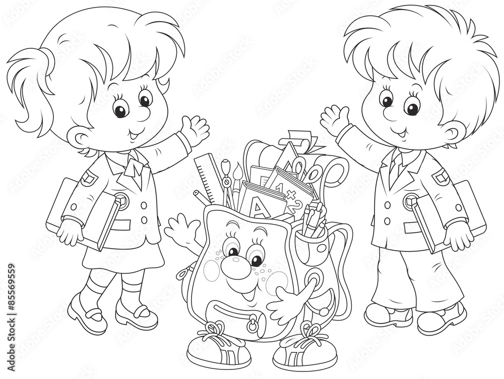 Welcome back to school! A schoolgirl, a schoolboy and a cartoon character Schoolbag waving their hands in welcoming. A vector illustration on a white background. Image by Alexey Bannykh.