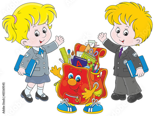 Welcome back to school! A schoolgirl, a schoolboy and a cartoon character Schoolbag waving their hands in welcoming. A vector illustration on a white background. Image by Alexey Bannykh.