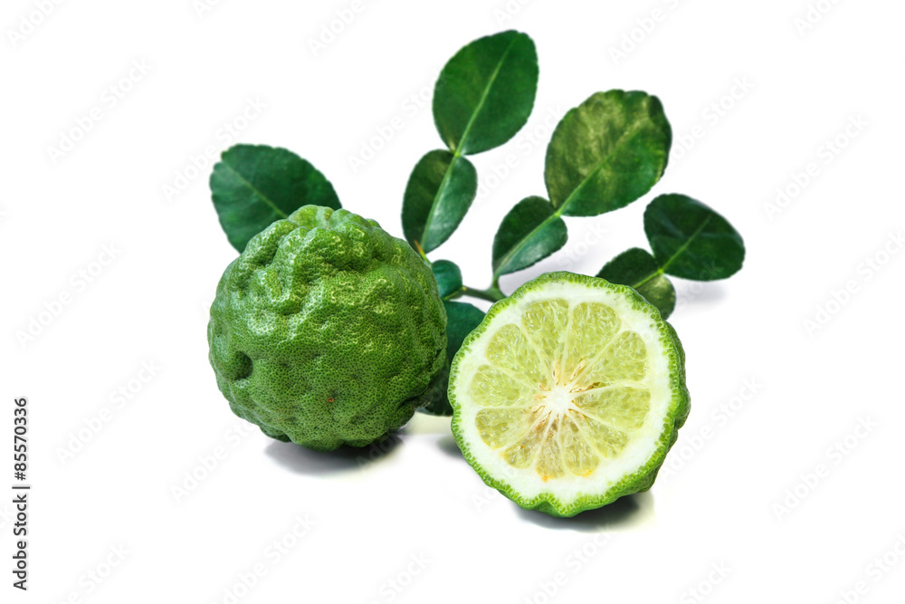 Fresh Kaffir lime and leaf isolated on white background, citrus fruit. Fresh Kaffir lime and leaf isolated on white background, citrus fruit.