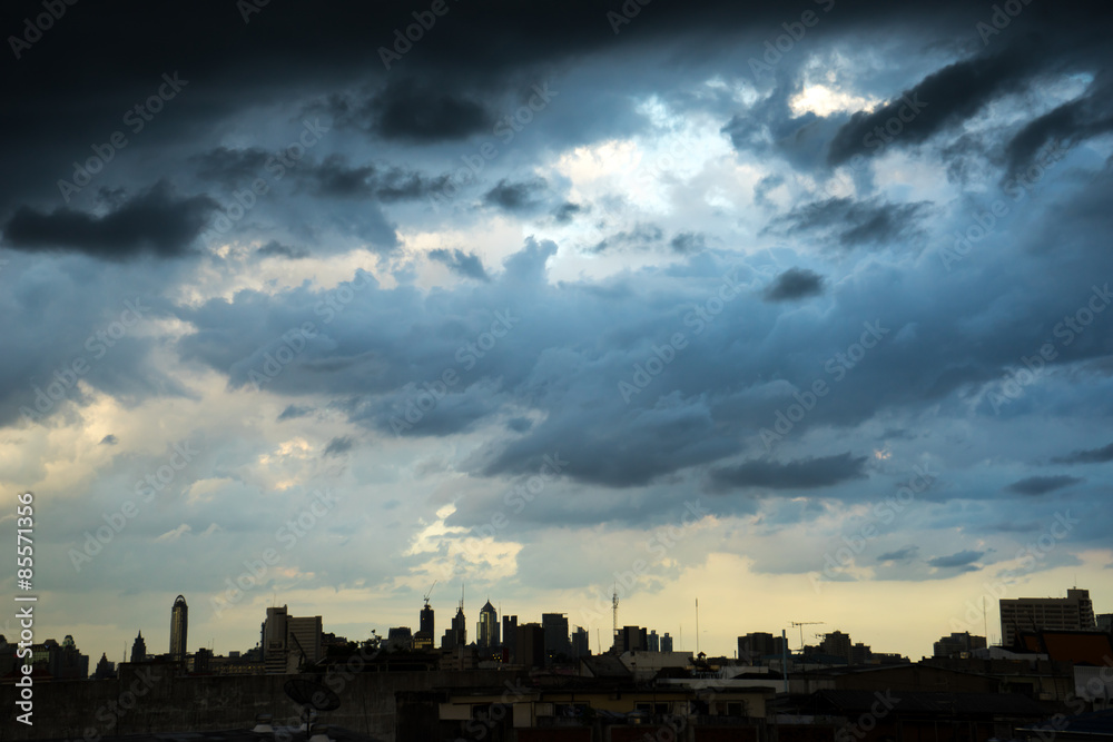 Dark blue storm clouds over city in rainy season