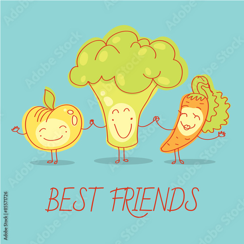 Child and baby food, set of colorful roundelay fruits, vegetables, with smiles. Vector modern illustration, stylish design element