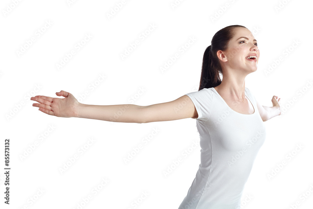 Joyful woman with arms raised outstretched isolated Joyful woman with arms raised outstretched isolated