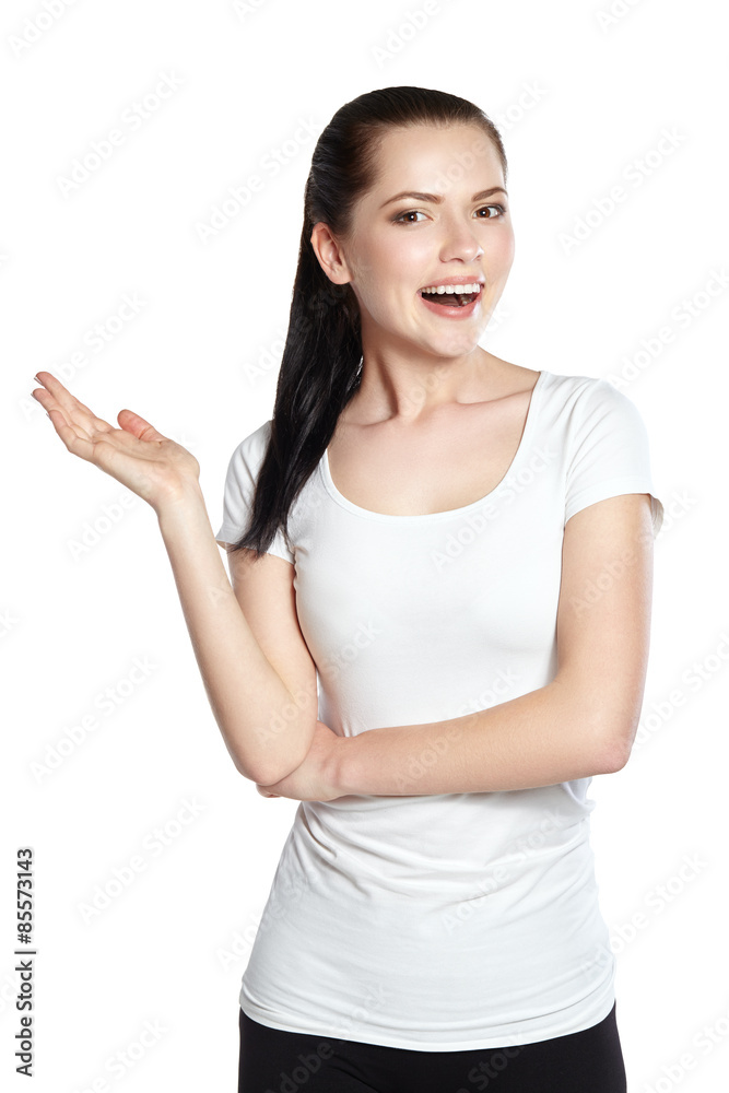 Woman Showing Your Product isolated on white Woman Showing Your Product isolated on white