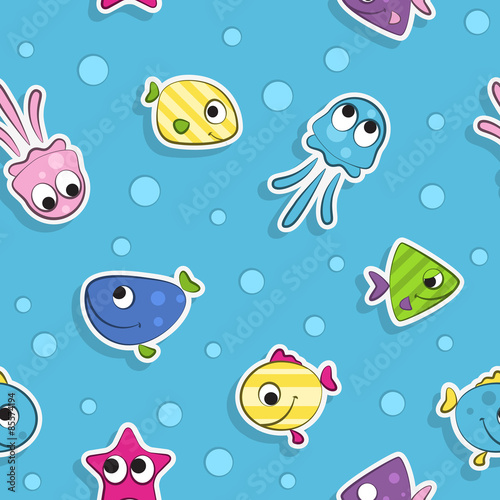 Seamless pattern with colorful cartoon fishes