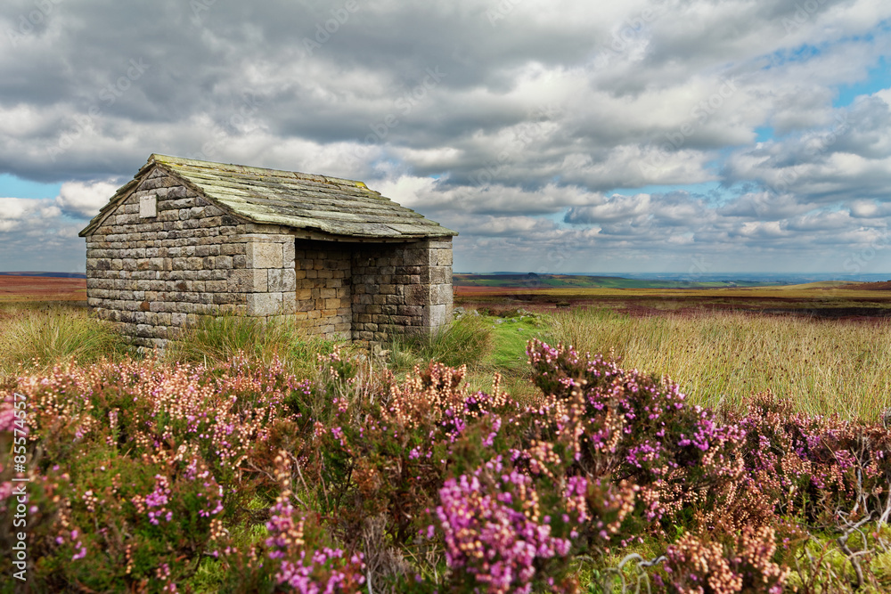 Stone shelter overlooking the moorland Stone shelter overlooking the moorland