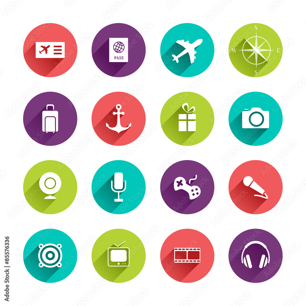 Vector Travel Icons Set in Flat Design with Long Shadows on circle buttons with ticket passport airplane compass bag anchor gift camera webcamera mic game speaker tv cinema headphones signs Vector Travel Icons Set in Flat Design with Long Shadows on circle buttons with ticket passport airplane compass bag anchor gift camera webcamera mic game speaker tv cinema headphones signs