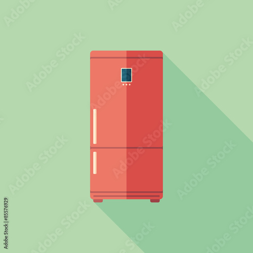 Red refrigerator flat square icon with long shadows.