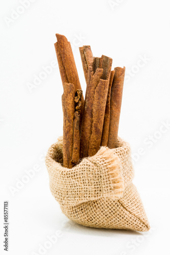 Cinnamon sticks in sack bag,