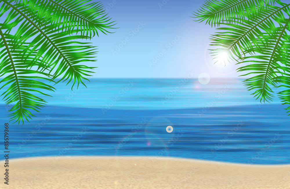 The sea, palm trees and tropical beach under blue sky. Vector