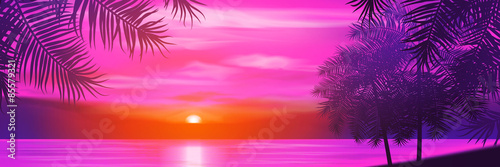 Summer night. Palm trees on the background of sunset. Vector
