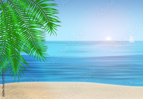 Fototapeta Naklejka Na Ścianę i Meble -  The sea, palm trees and tropical beach under blue sky. Vector