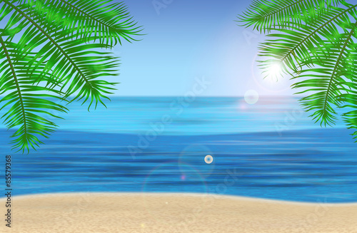 Fototapeta Naklejka Na Ścianę i Meble -  The sea, palm trees and tropical beach under blue sky. Vector