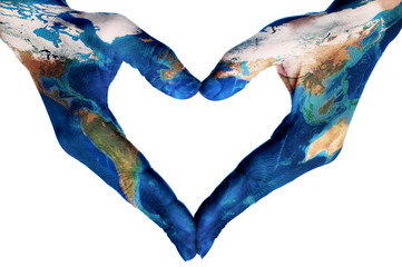 hands forming a heart patterned with a world map (furnished by N