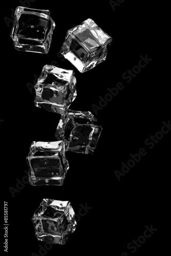 Falling ice cubes on black background.3D render. 