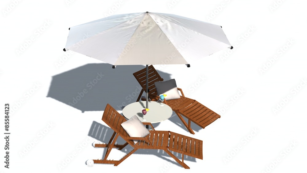 Fototapeta Deck chairs and umbrella isolated on white background