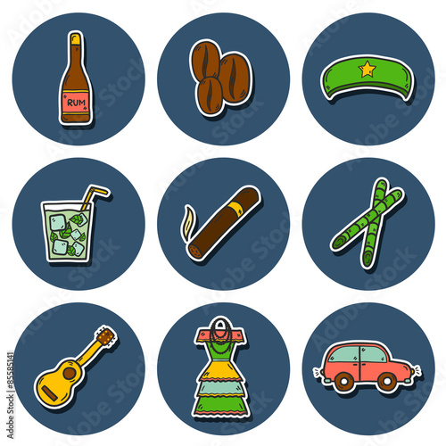 Set of cute hand drawn colorful stickers on Cuba theme