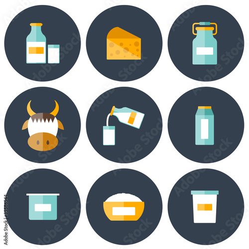 Set of modern flat icons with products containing lactose: milk