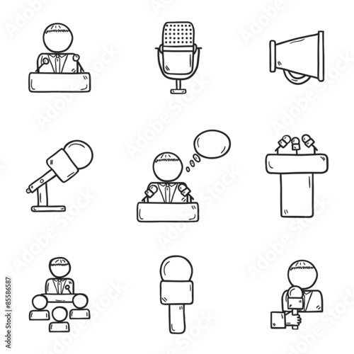 Set of cute hand drawn outline icons on public speaking theme