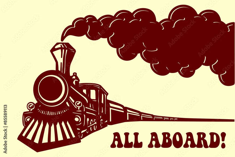 All aboard! Vintage steam train with smoke puff isolated