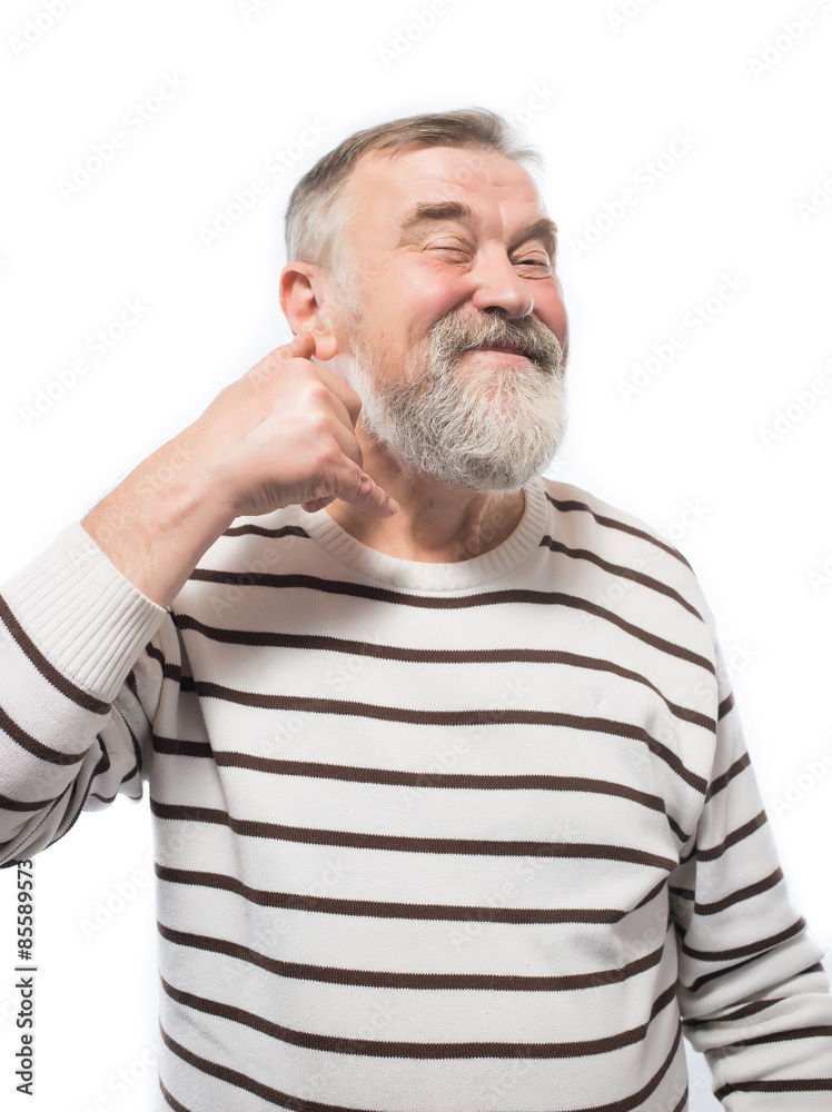 Fototapeta premium happy old man with a beard showing call me sign