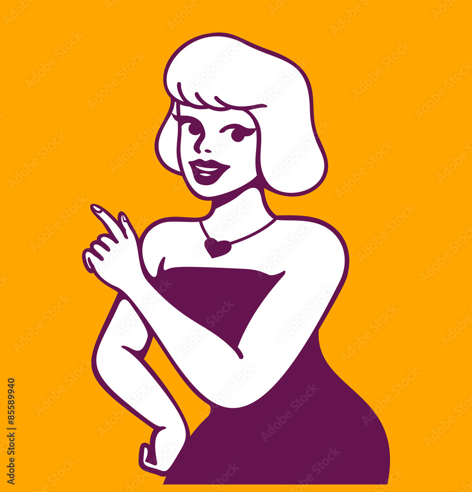 Retro woman showing, explaining, announcing, displaying, talking, advertising design element