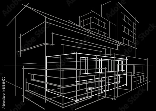 Linear architectural sketch concept abstract building on black background
