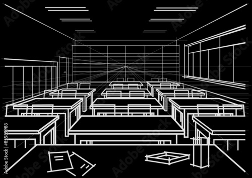 linear architectural sketch interior classroom on black background