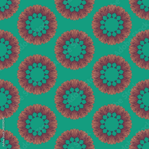 Print Seamless Pattern. Mandala Flowers with green background.