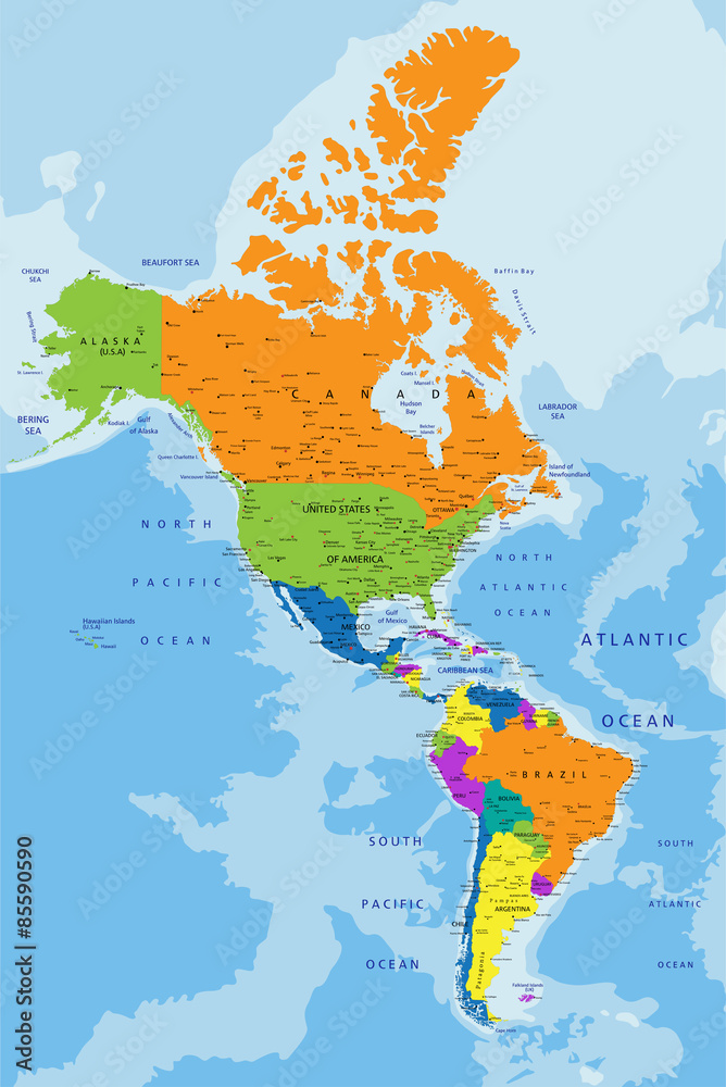 Colorful Americas political map with clearly labeled, separated layers ...