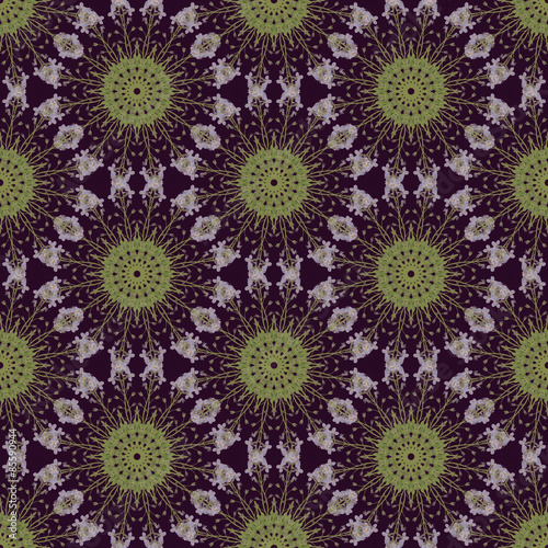 Print Seamless Pattern. Mandala Flowers with cherry background.