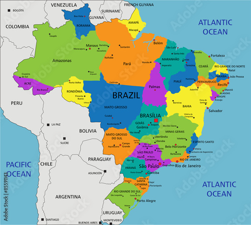 Colorful Brazil political map with clearly labeled, separated layers. Vector illustration.