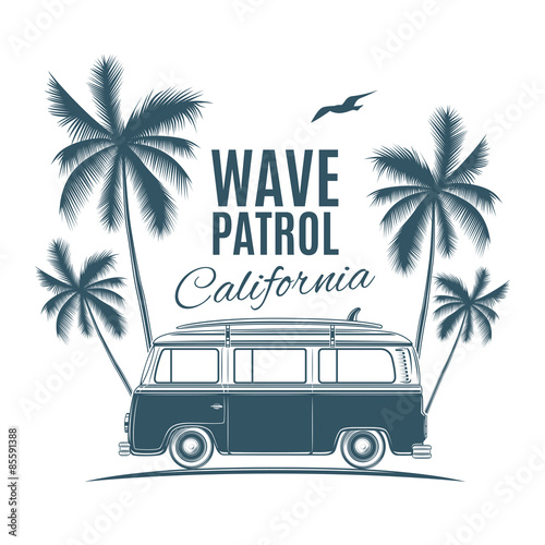 Vintage, retro surf van with palms and a gull.